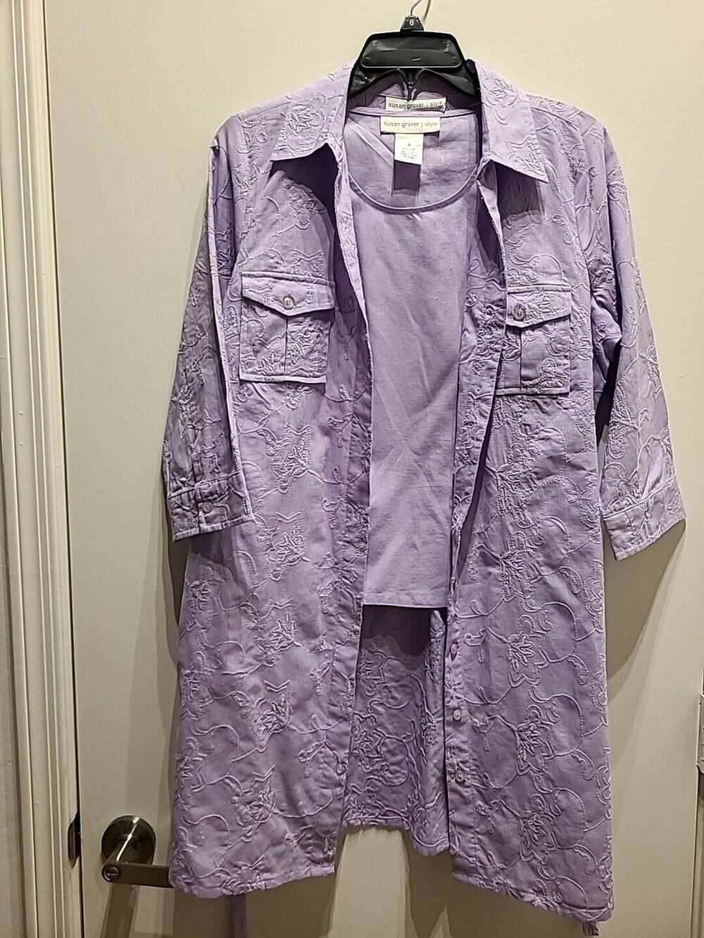 2 Pc Susan Graver Shirt Lilac Purple Eyelet Tunic Button Up 3/4Sleeve Women's S